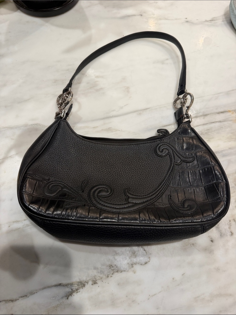 Vintage Brighton Black Embossed Leather Shoulder Bag with Silver Hardware